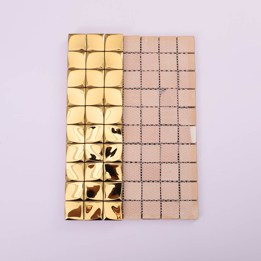 Gold 3D square metal mosaic tile with mesh-mounted backing