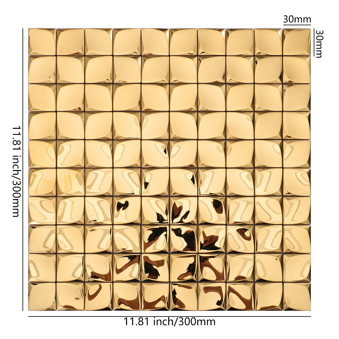 Gold 3D square metal mosaic tile sheet with 30mm mirror-finish chips
