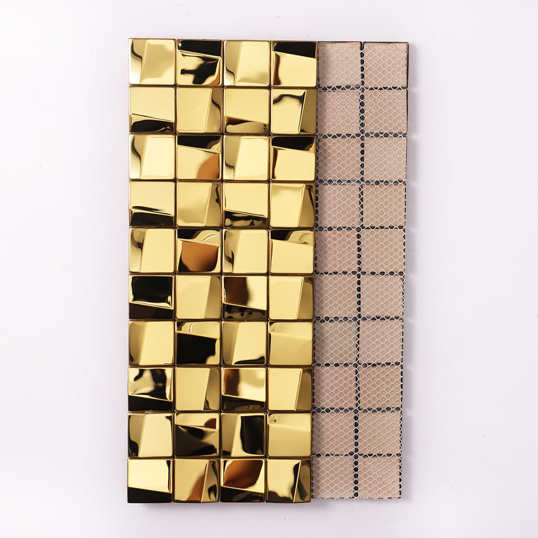 View of a gold 3D square mosaic tile sheet showing both front and mesh backing.