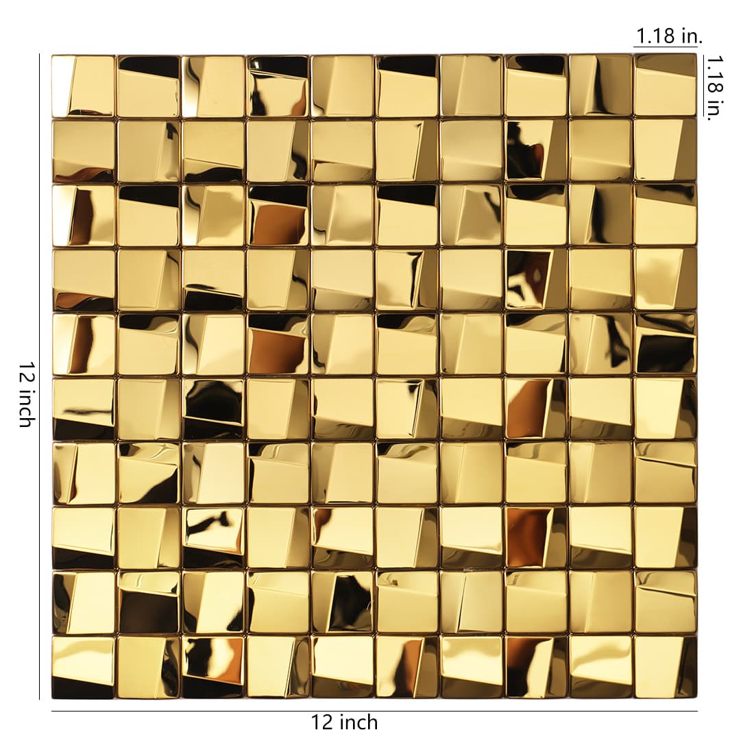 Gold 3D square stainless steel mosaic tile sheet with 12x12 inch dimensions.