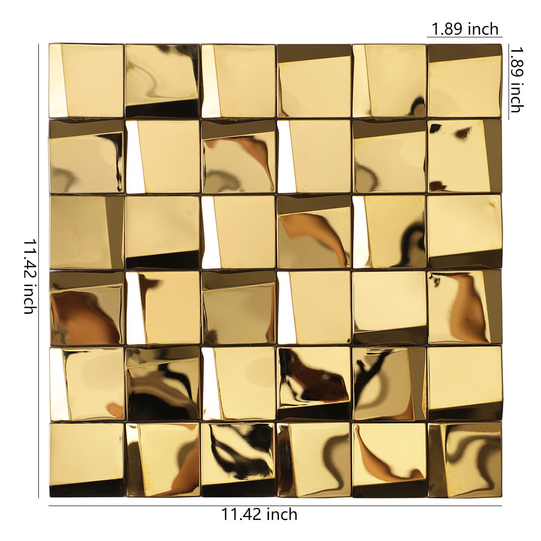 Gold 3D stainless steel mosaic sheet with 11.42 inch square dimensions and chip size.