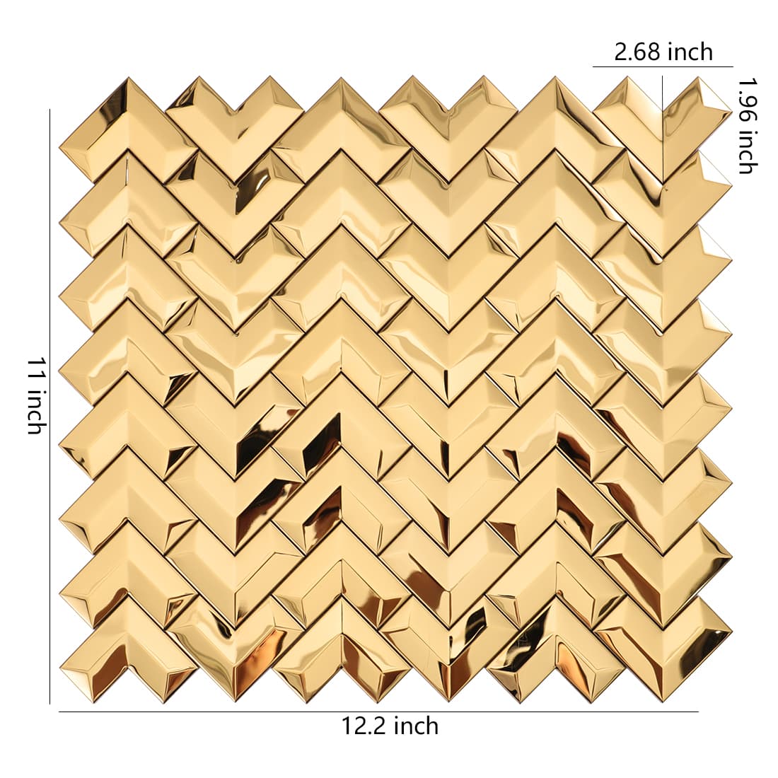 Gold chevron metal mosaic tile sheet with dimension markings in inches.