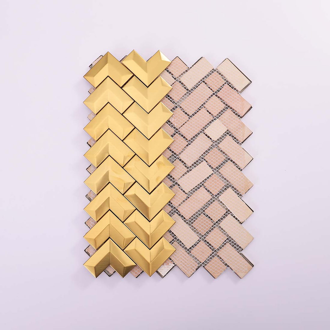 Back view of gold chevron metal tiles showing the fiber mesh installation backing.