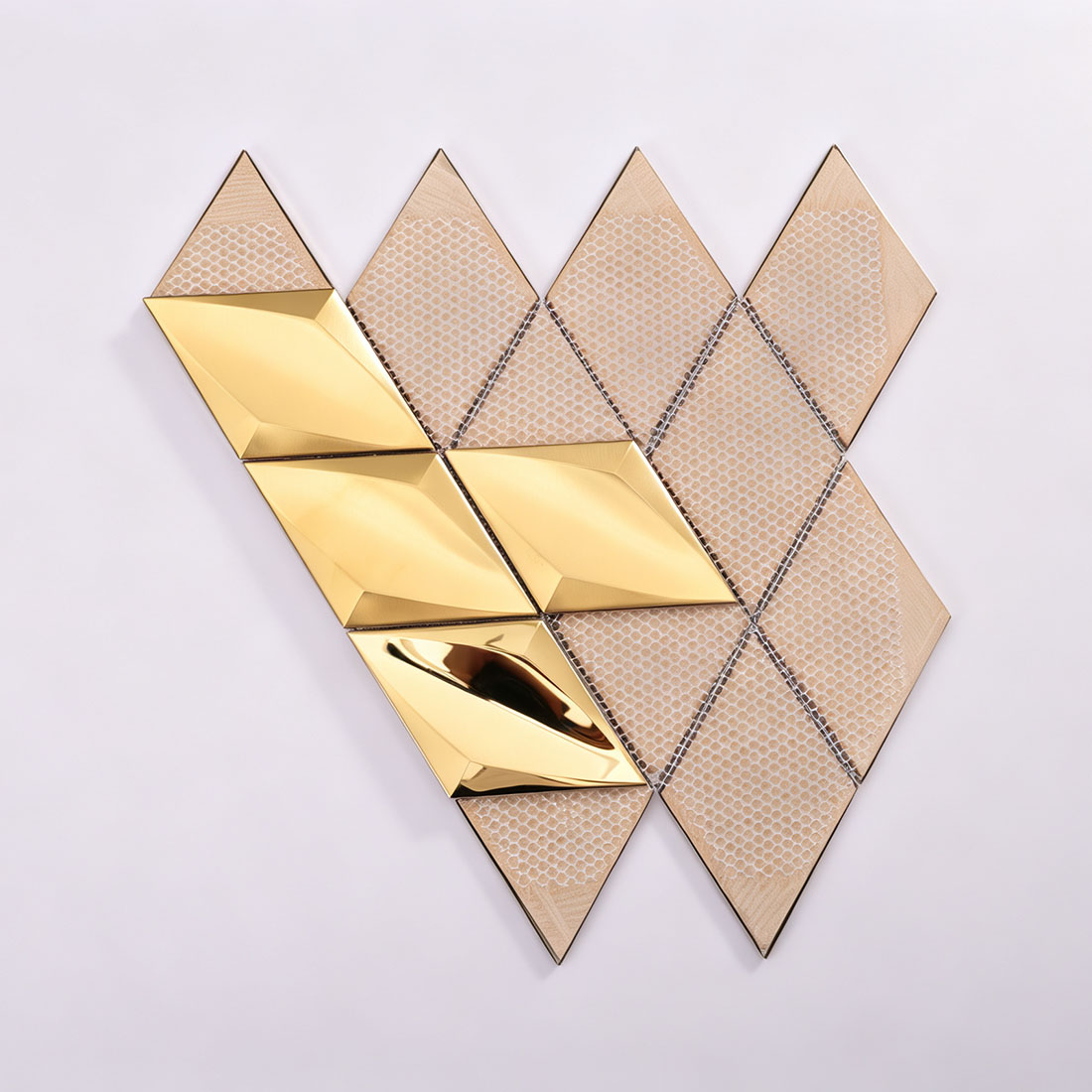 Back view of gold diamond metal mosaic tile sheet