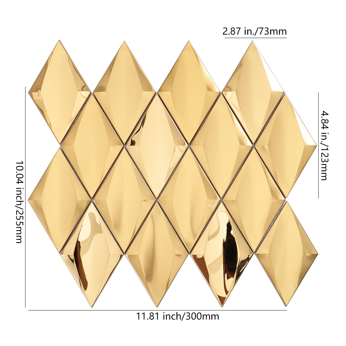 Gold diamond metal mosaic tile sheet with brushed and glossy finishes