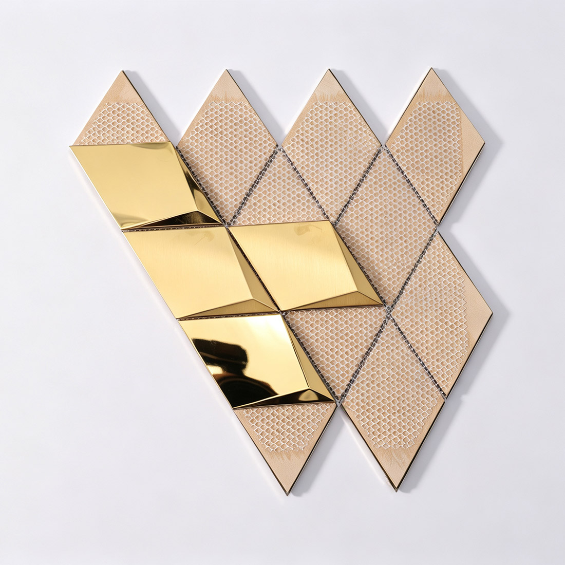 Back view of gold geometric metal mosaic tile sheet