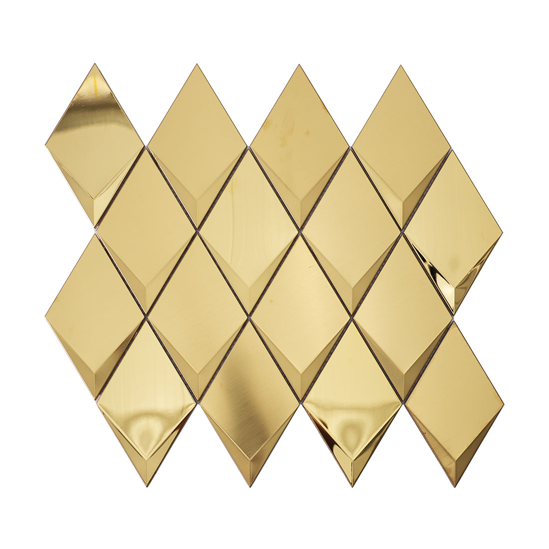 Full sheet of gold geometric metal mosaic tiles with faceted surfaces