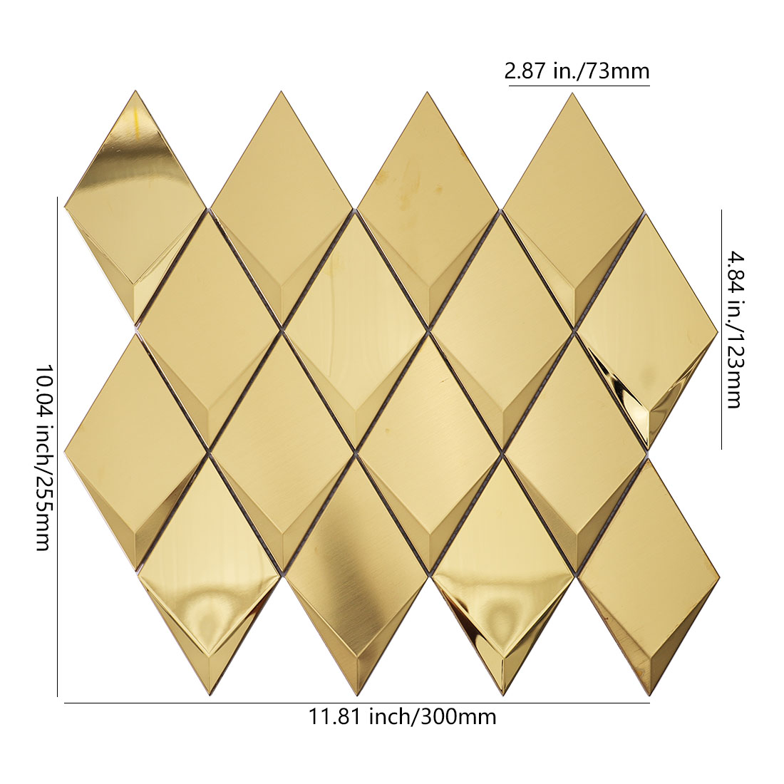 Gold geometric metal mosaic tile sheet with brushed and glossy finishes
