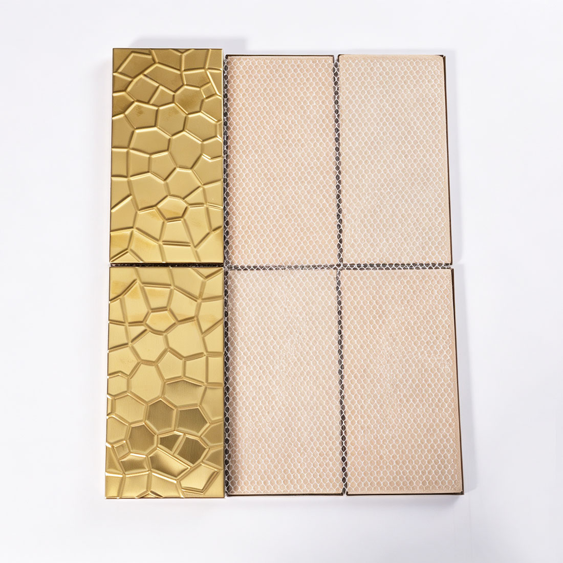 Back view of gold geometric rectangle metal tile sheet