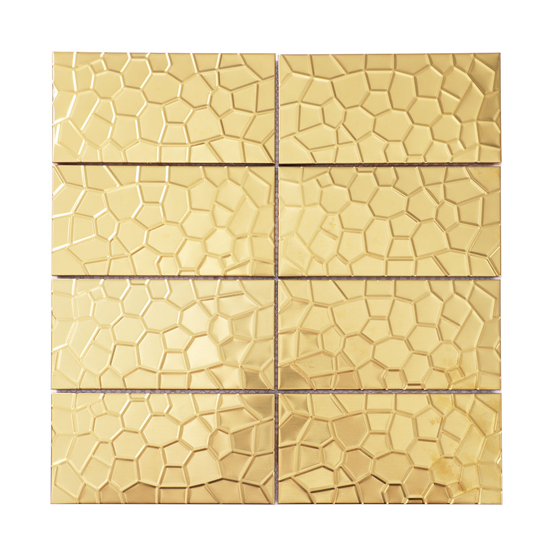 Full sheet of gold geometric rectangle metal tiles with embossed texture