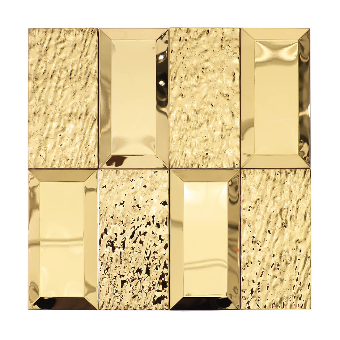 Full sheet of gold hammered and polished rectangle metal mosaic tiles