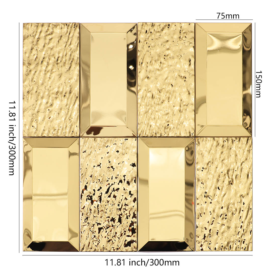 Gold hammered rectangle metal mosaic tile sheet with 75 by 150mm chips