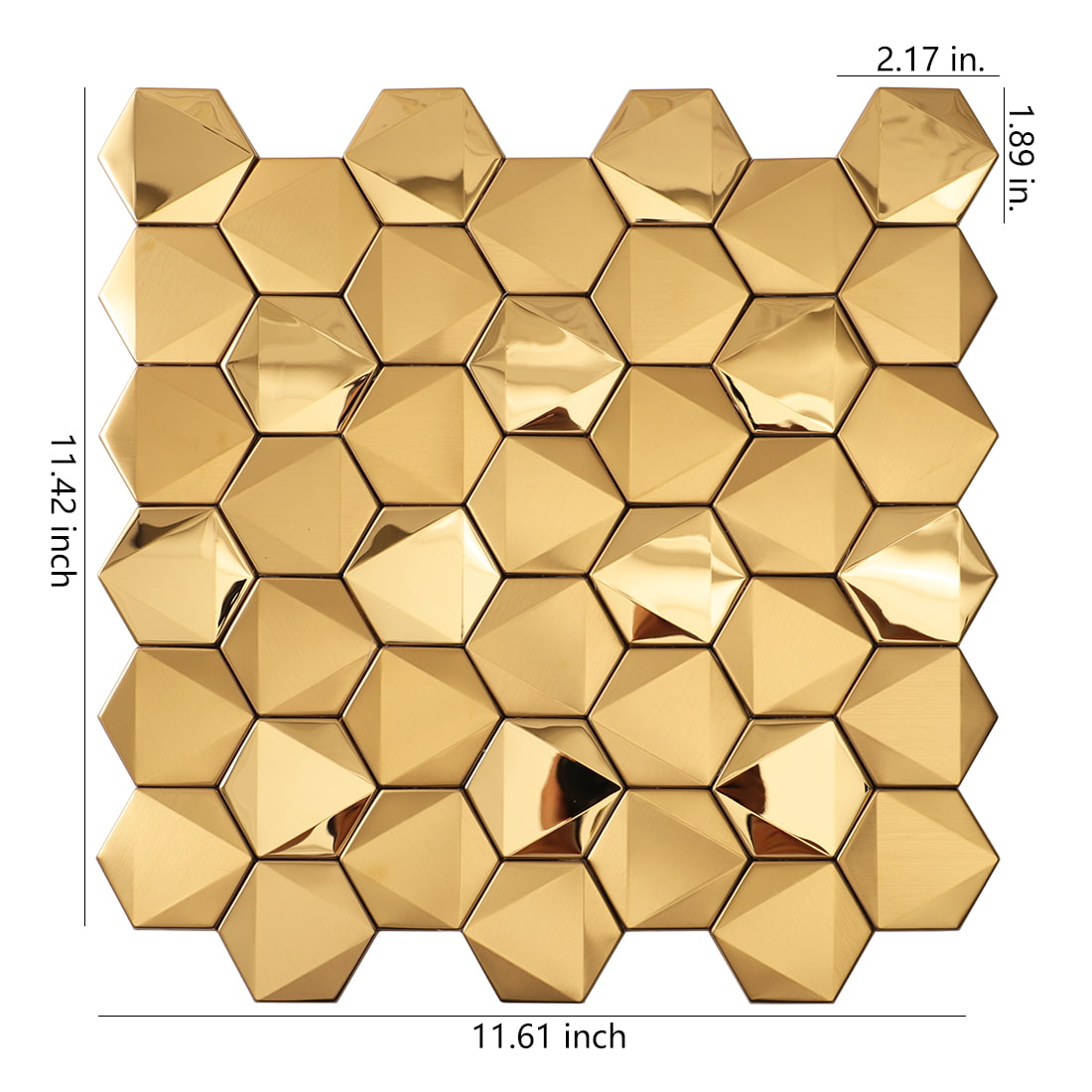 Gold 3D hexagon tile sheet with dimensions 11.42 by 11.61 inches.