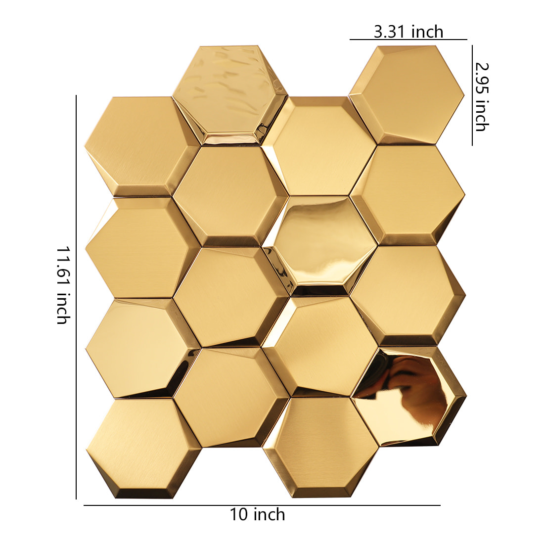 Gold hexagon mosaic sheet with 11.61 by 10 inch dimensions and individual tile sizes