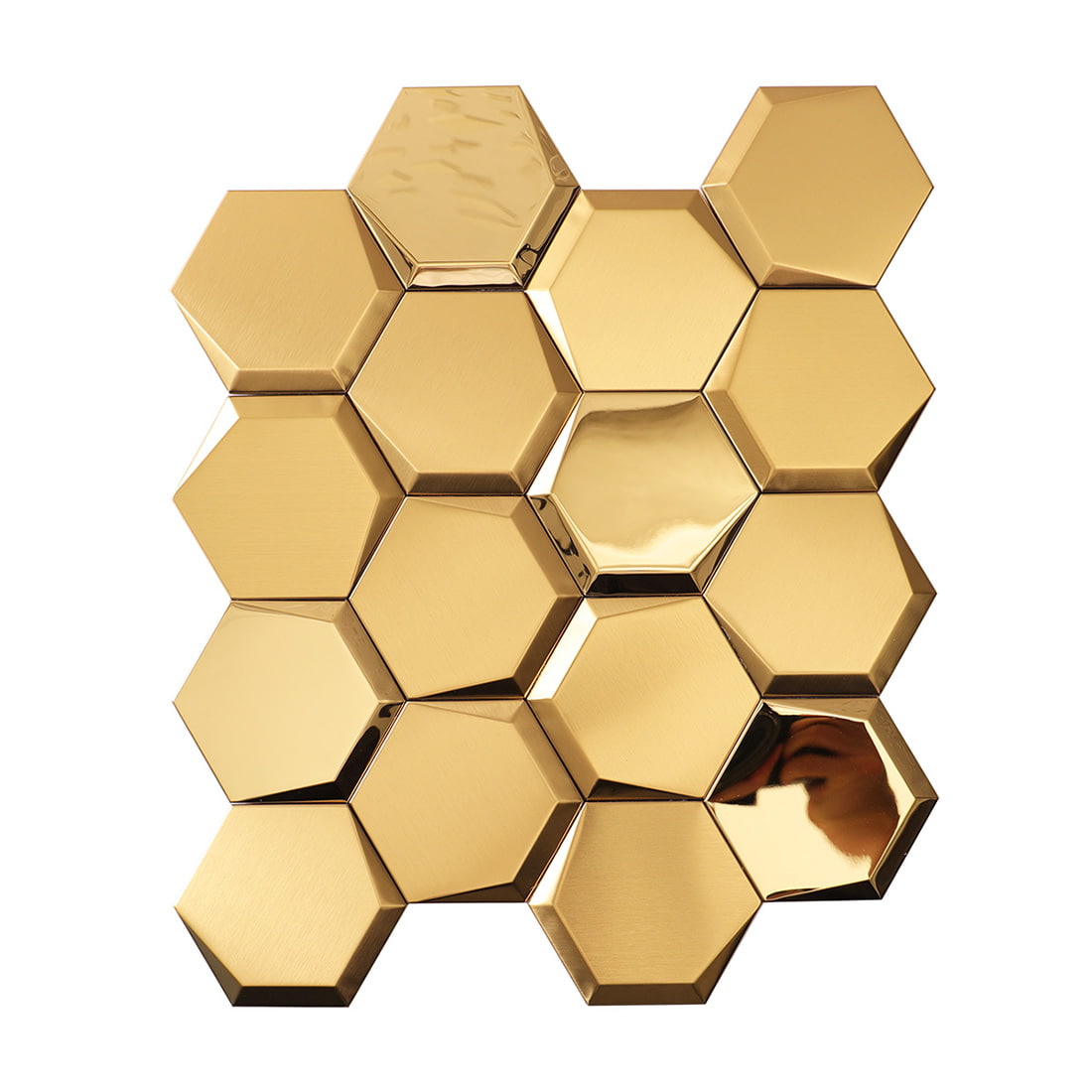 A mesh-mounted sheet of brushed and polished gold hexagonal tiles.