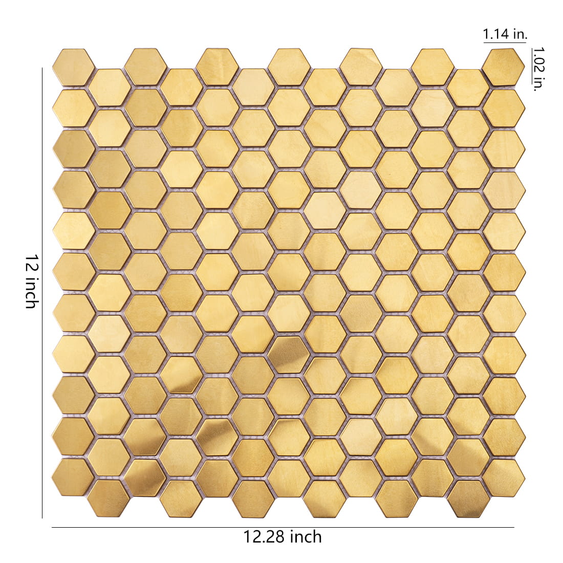 Gold hexagon stainless steel mosaic sheet showing 12 by 12.28 inch dimensions and 1.14 inch chip size.