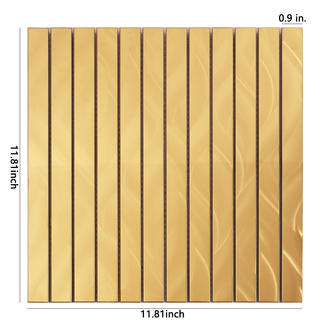 Gold linear metal mosaic tile sheet with dimension markings in inches.