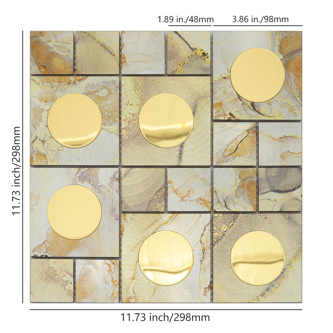 Gold round mirror inserts on cream square aluminum mosaic tile sheet