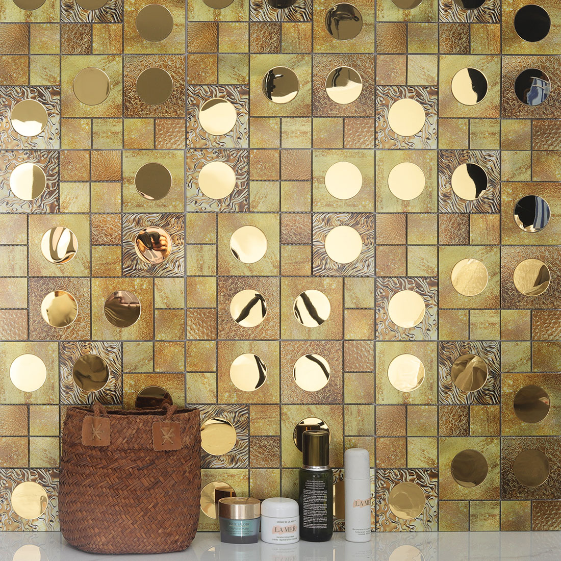 Gold round mirror aluminum mosaic tile used on a decorative vanity wall