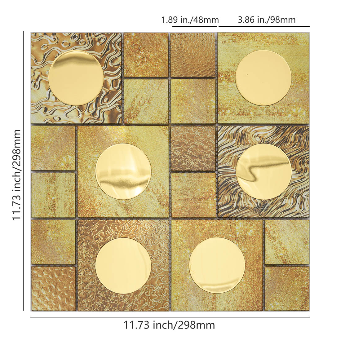 Gold round mirror inserts on textured square aluminum mosaic tile sheet