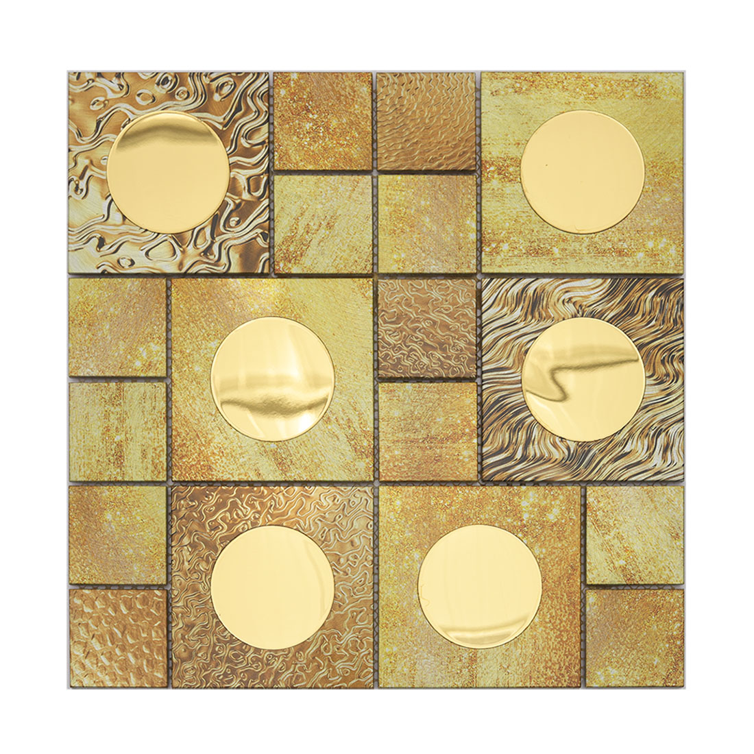 Gold textured aluminum mosaic tile with round reflective glass inserts