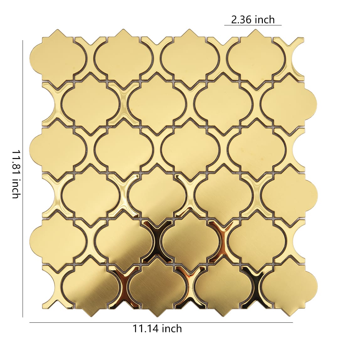 Gold arabesque metal mosaic sheet with 11.14 inch size display