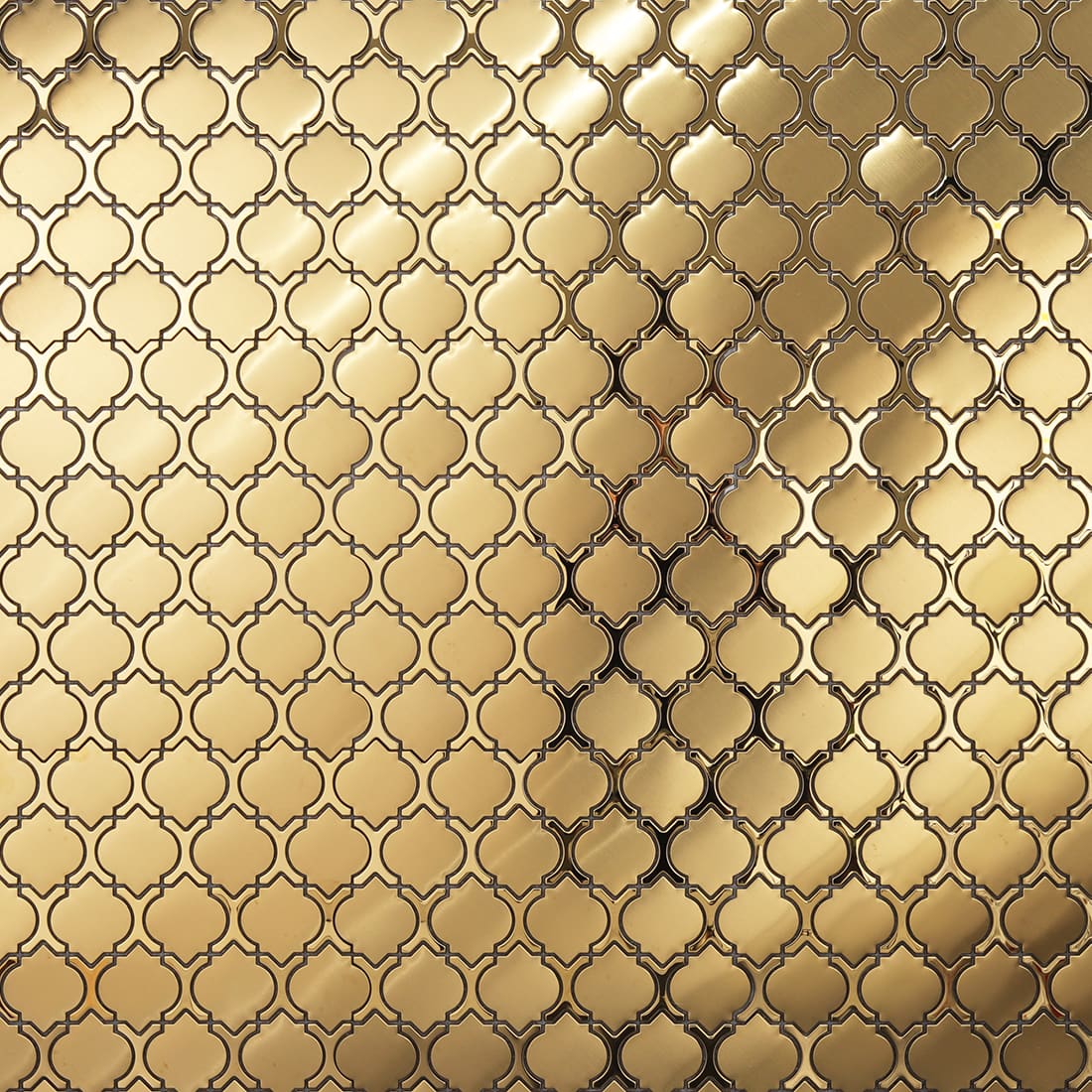 Gold arabesque metal mosaic wall with reflective decorative pattern