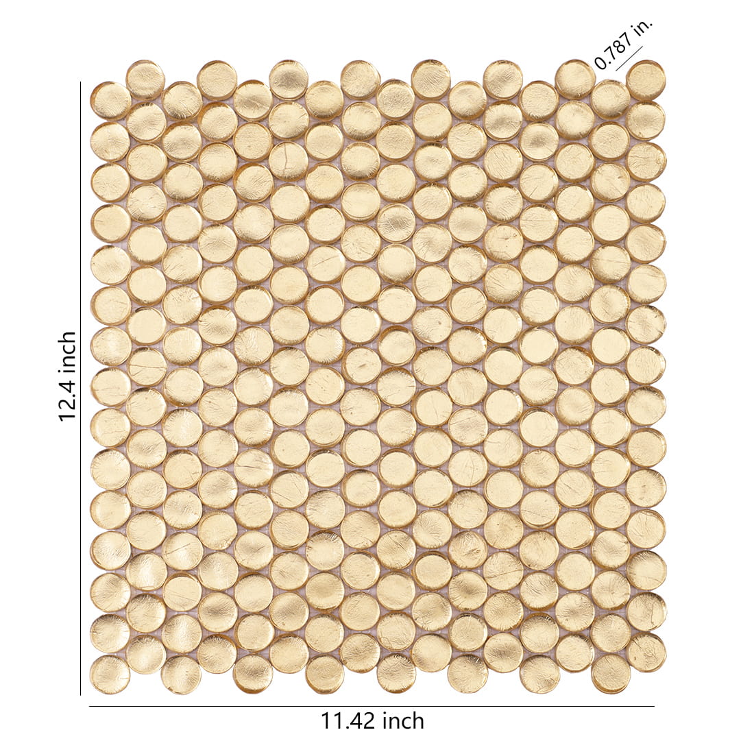 Gold penny round glass mosaic tile sheet with uniform circular pattern