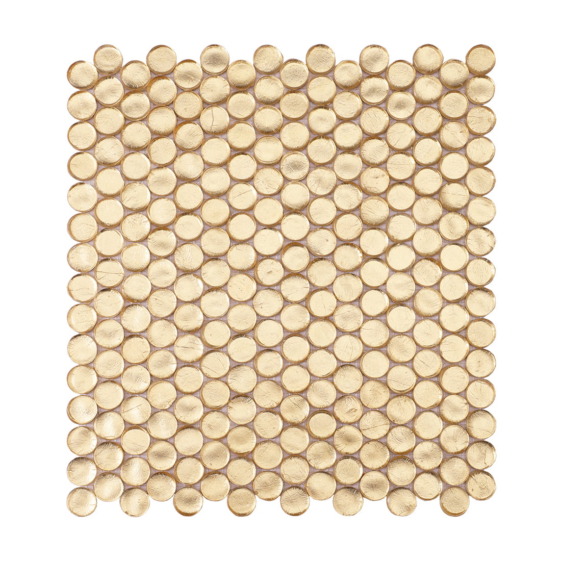 Full sheet view of gold penny round glass mosaic tiles