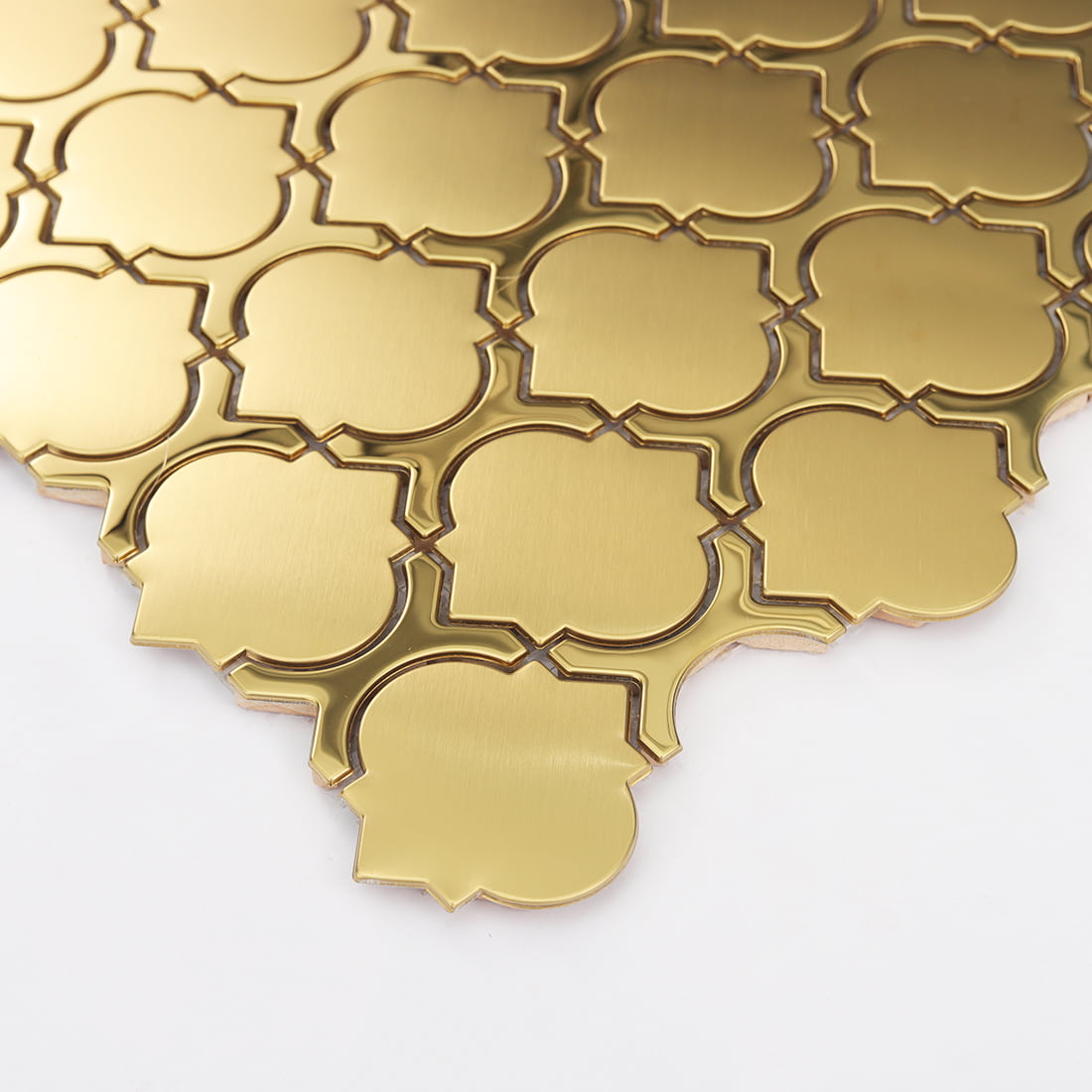 Gold stainless steel lantern mosaic tile showing thickness and shine