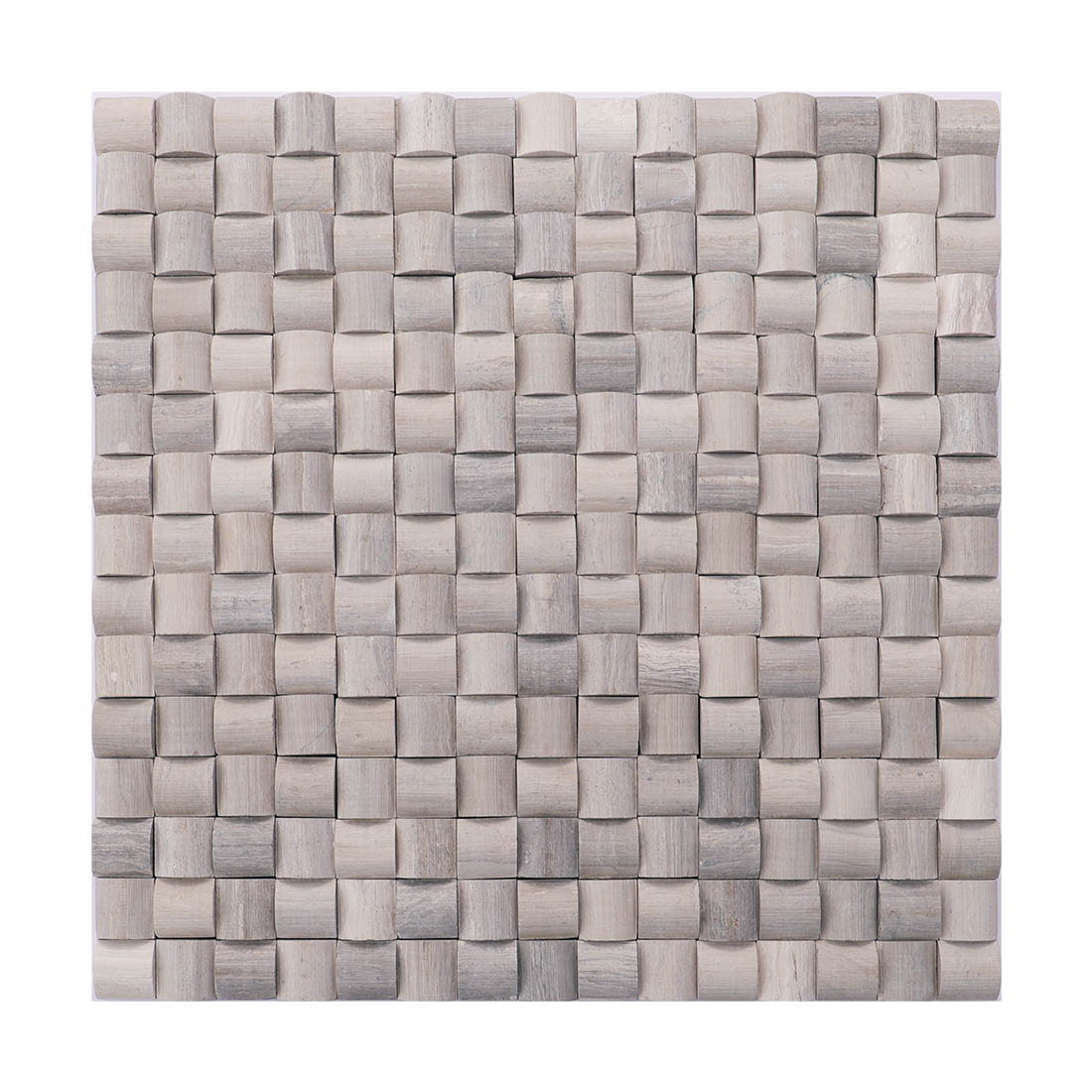Gray 3D square marble mosaic tile sheet with a textured geometric pattern
