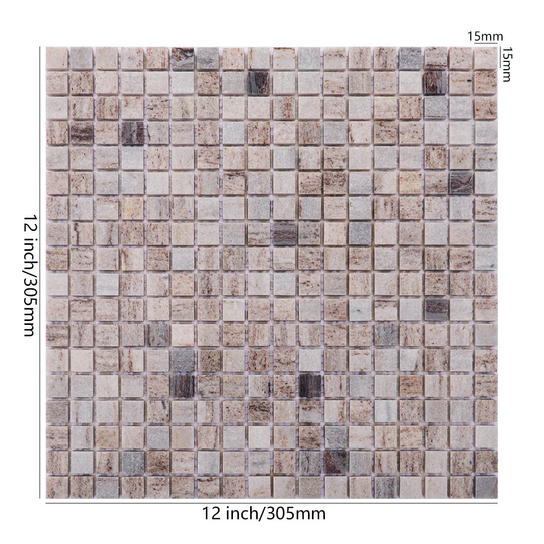 Gray brown square marble mosaic tile sheet with 15 x 15 mm natural stone pieces