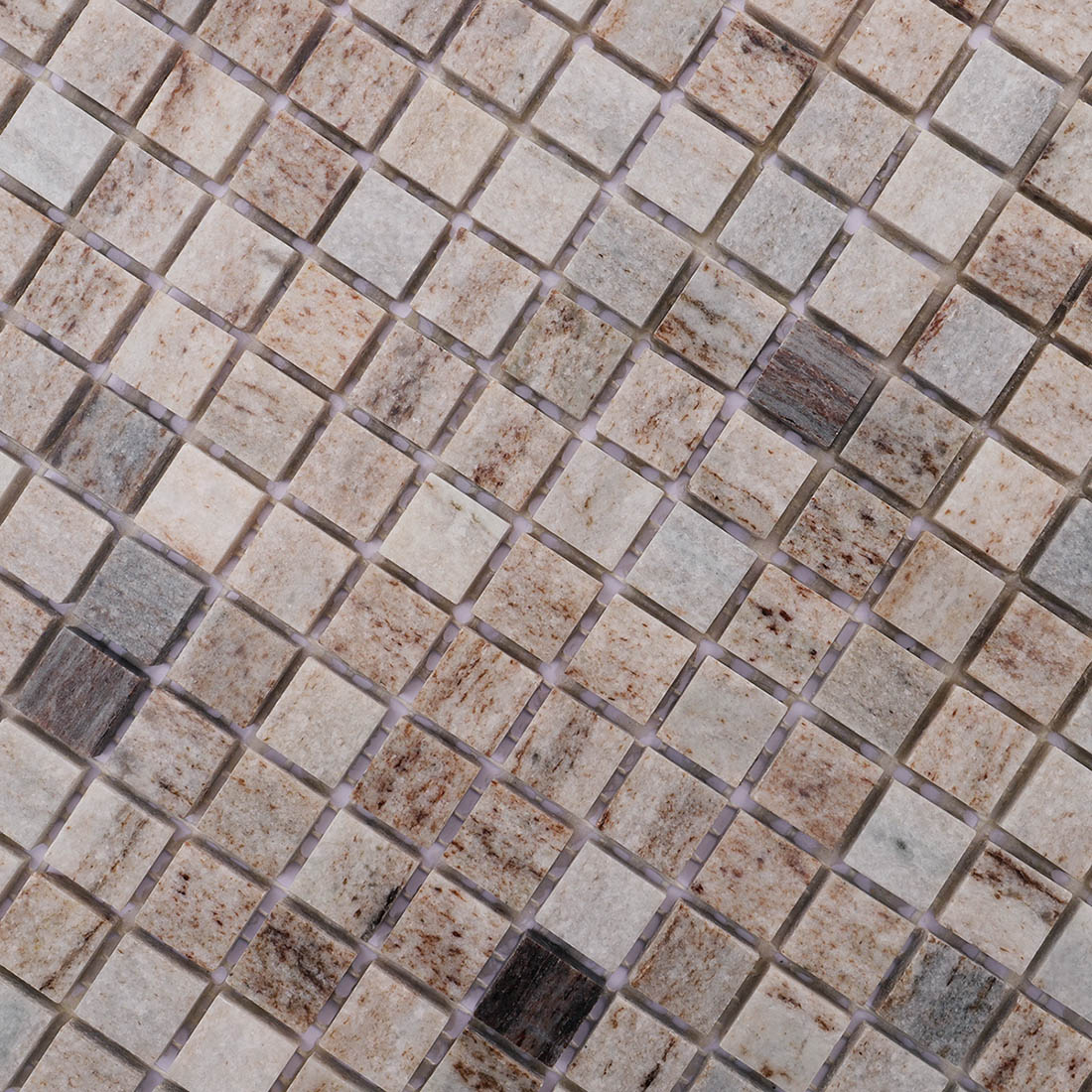 Close-up of gray brown square marble mosaic tiles with varied natural veining