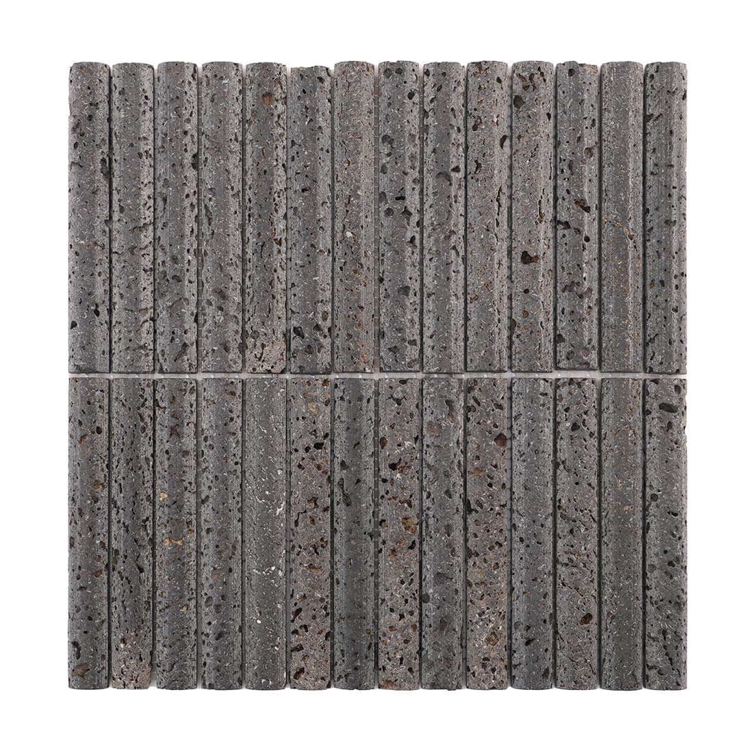 Front view of gray linear stone mosaic tile sheet