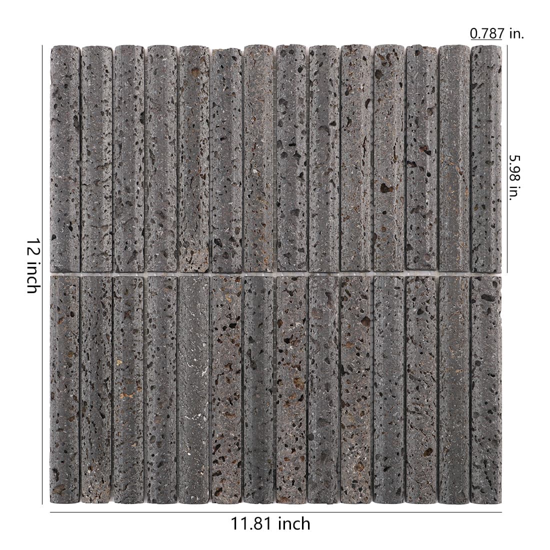 Gray linear stone mosaic tile sheet with size measurements