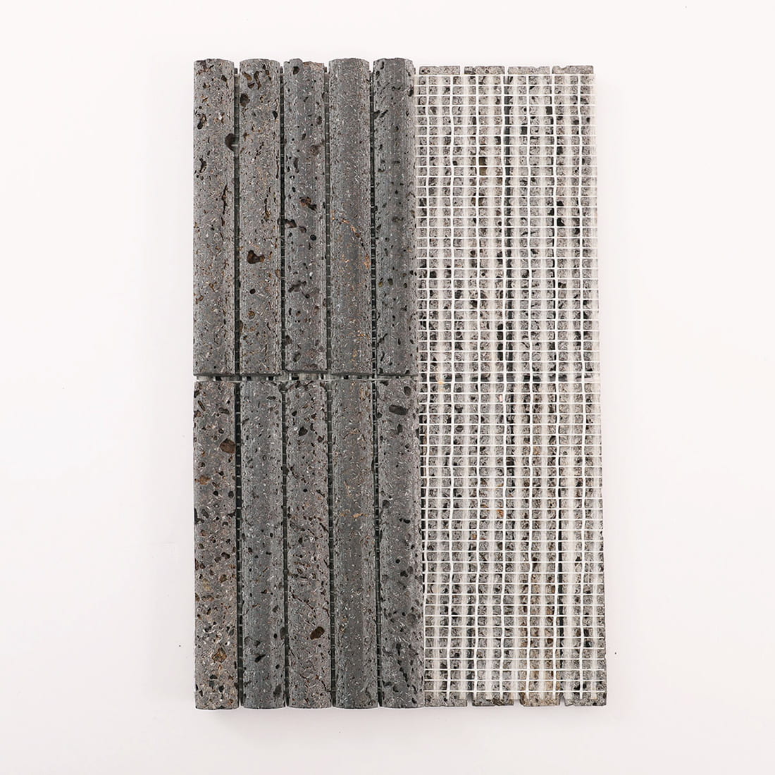 Tile sheet showing gray stone mosaic front and mesh backing side by side