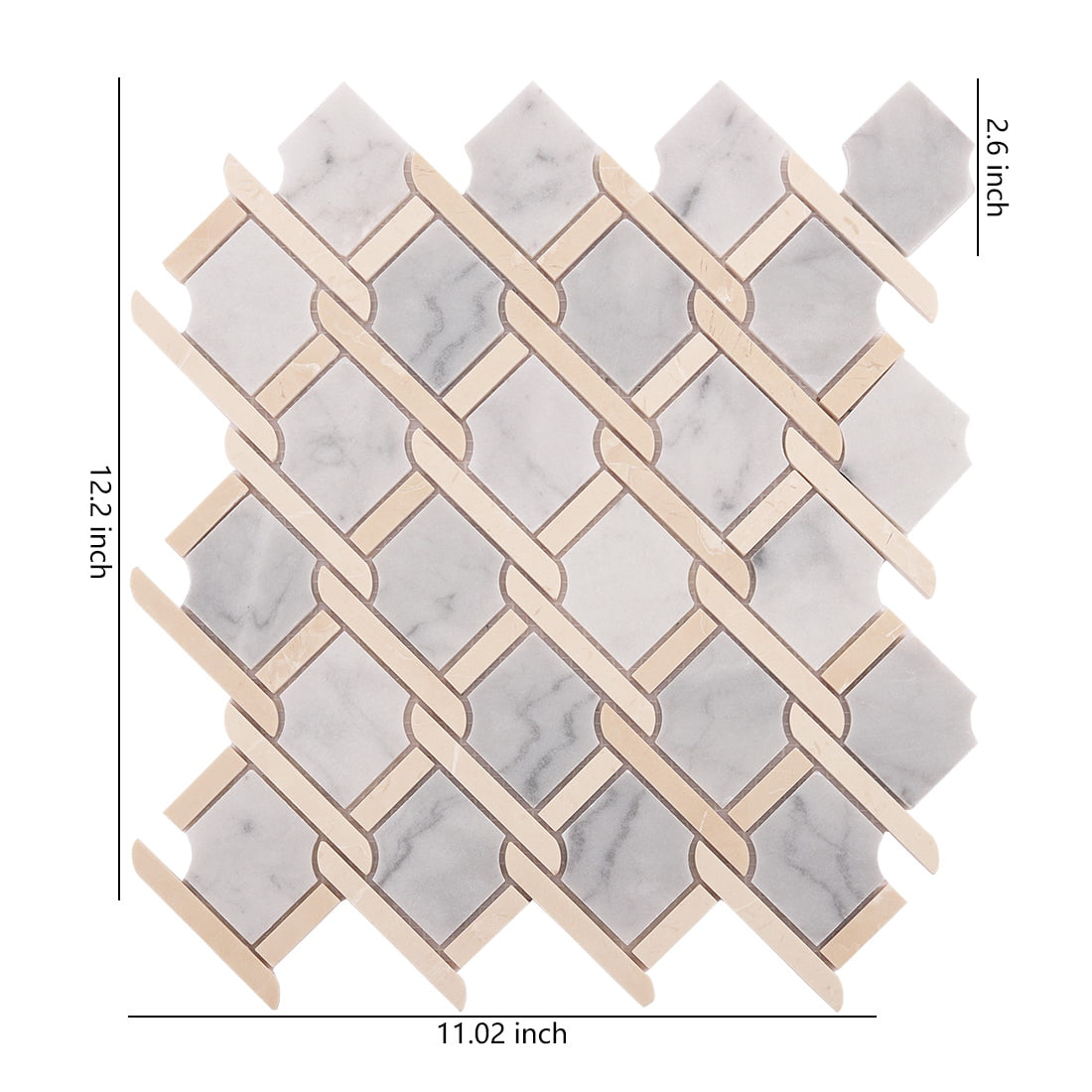 Gray marble and beige chain link mosaic tile sheet with measurement labels