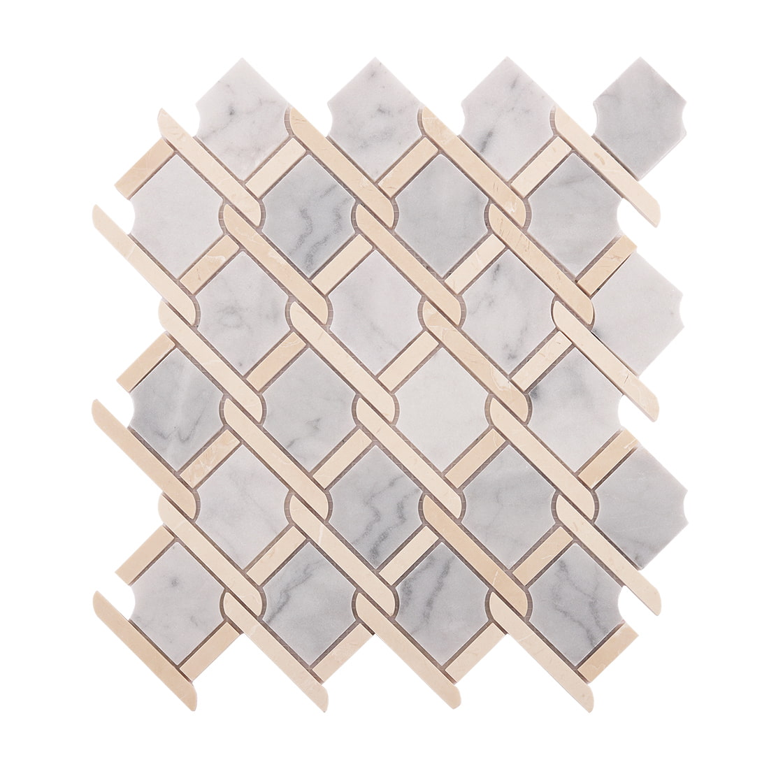 Gray marble and beige chain link mosaic tile sheet on white background