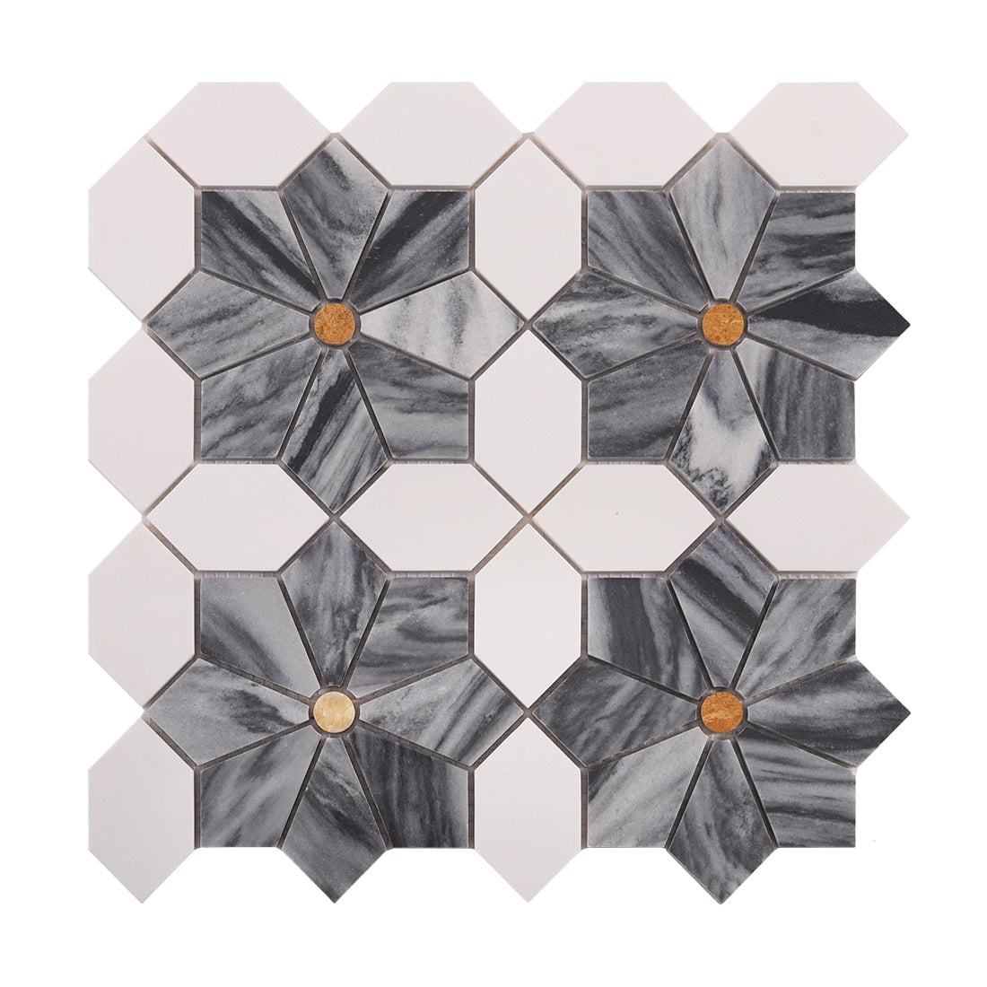 Front view of gray marble flower mosaic tile sheet with white hex tiles