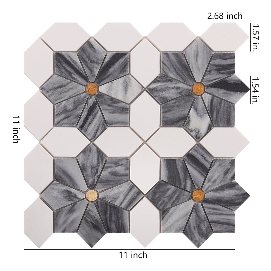 Gray marble flower mosaic tile sheet with size and piece measurements
