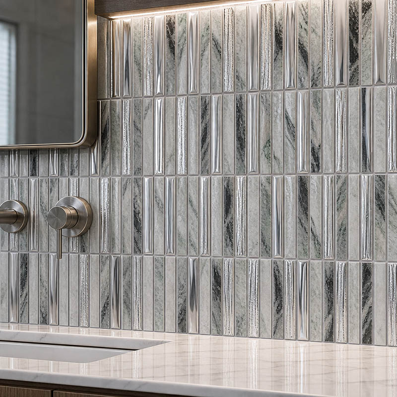 Gray marble kit kat tile backsplash with glossy silver strips for vanity wall