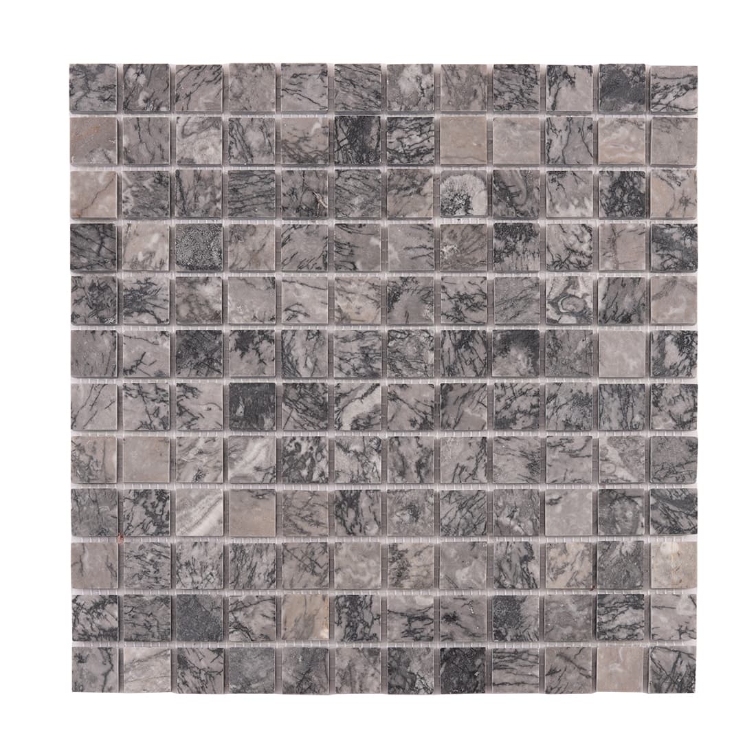 Gray marble square mosaic tiles arranged in a uniform grid pattern