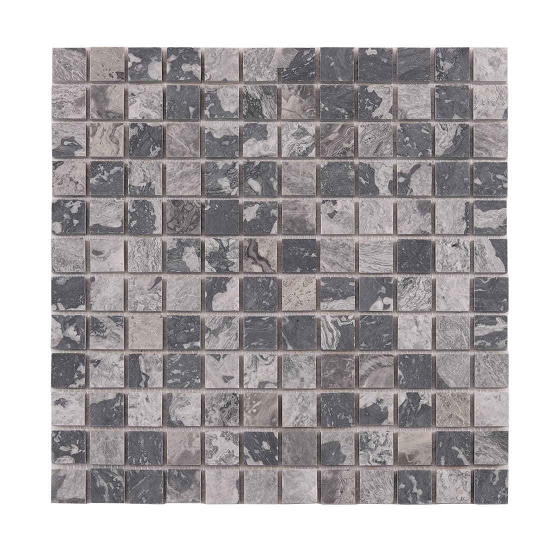 Front view of gray marble square mosaic tiles with natural stone veining