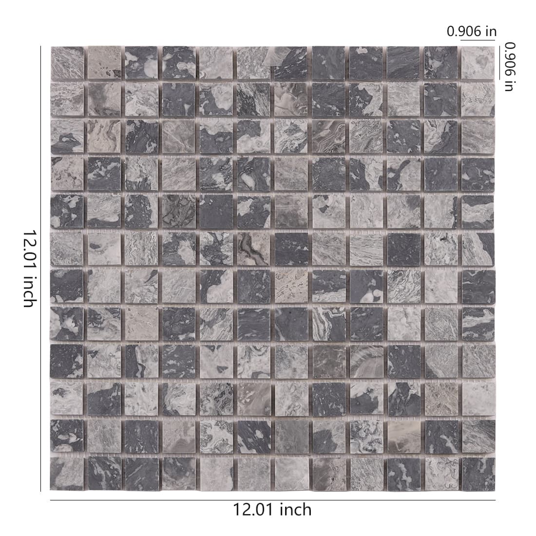 Gray and light gray marble square mosaic tile sheet with uniform grid layout