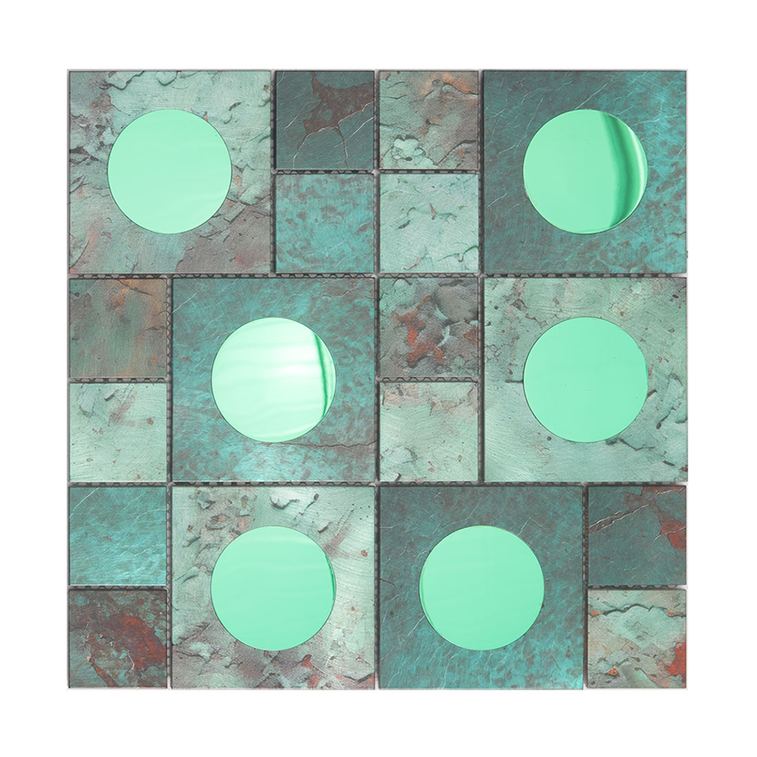 Green aluminum mosaic tile with round reflective glass inserts and aged texture
