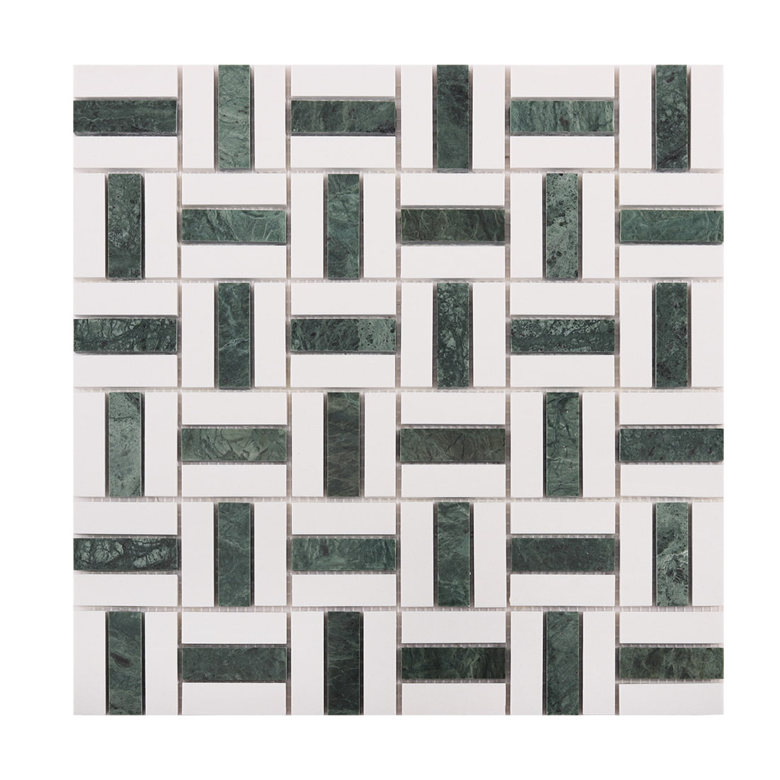 Front view of green and white basket weave mosaic tile sheet