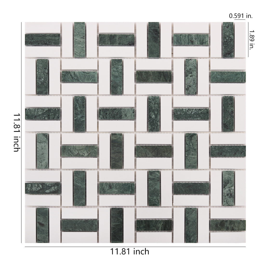 Green and white basket weave mosaic tile sheet with size measurements