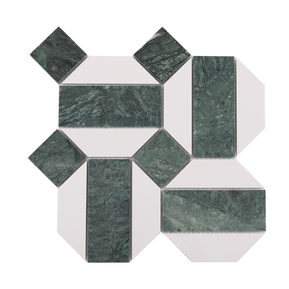 Front view of green and white geometric marble mosaic tile sheet on white background
