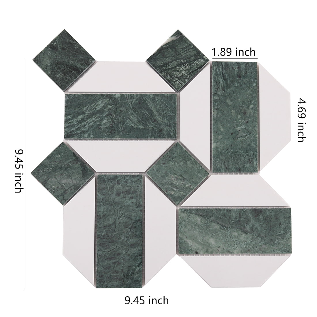 Green and white geometric marble mosaic sheet with 9.45 x 9.45 inch size guide