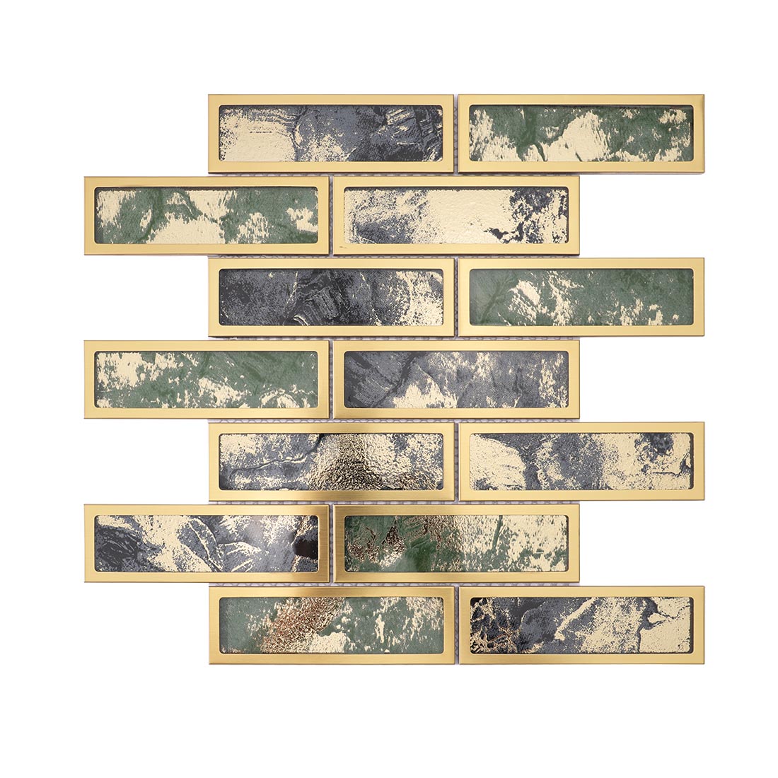Green and black rectangle mosaic tile sheet with brushed gold metal frames